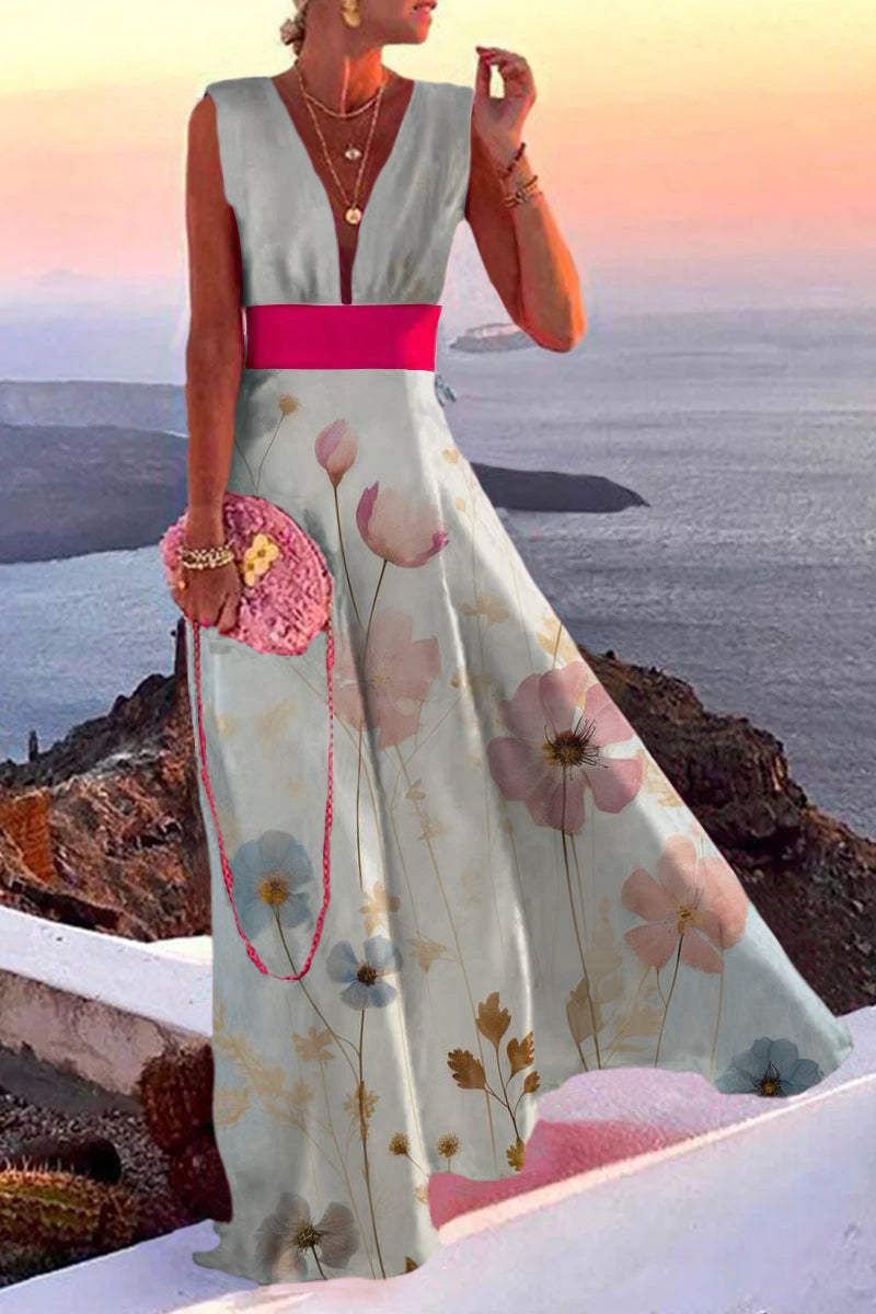 Simplicity White Flowers Split Joint V Neck a Line Dresses Summer