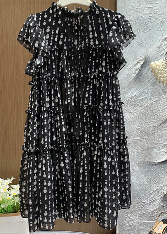Black O-neck Ruffled Patchwork Dot Print Long Dress Short Sleeve