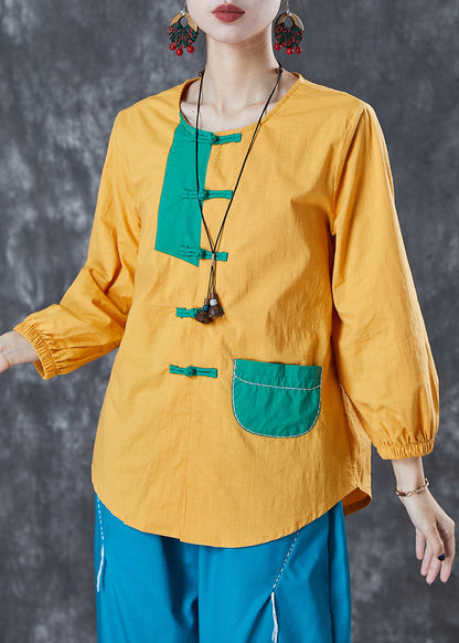 Yellow Chinese Button Patchwork Linen Shirt Top Summer