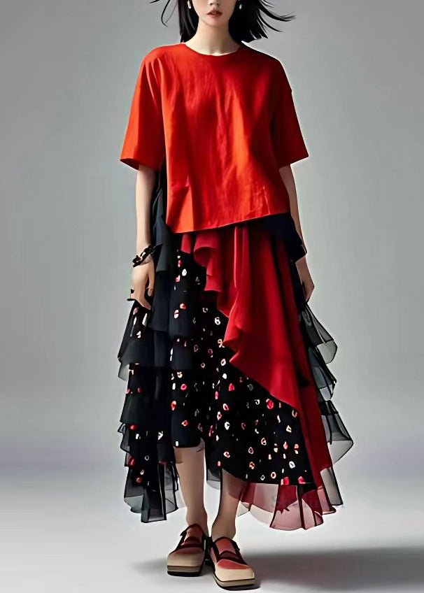 Red Tulle Patchwork Chiffon Two Piece Set