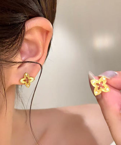 Art Gold Copper Overgild Zircon Hollow Out Stud Earrings