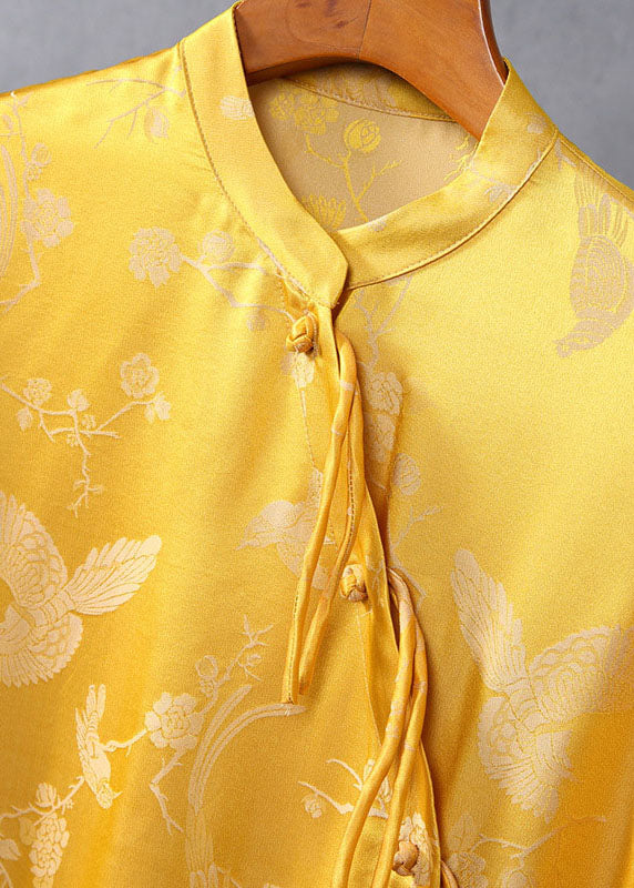 Yellow Stand Collar Button Jacquard Silk Tops Spring