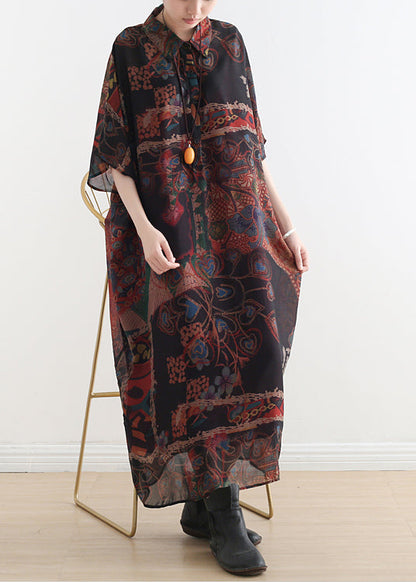 Black Orange Peter Pan Collar Draping Print Chiffon Dresses Batwing Sleeve