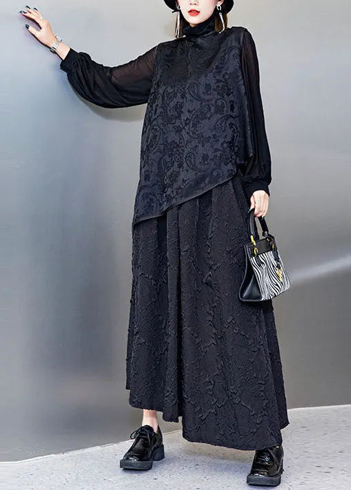 Organic Black Jacquard Asymmetrical Tops Loose Vest a Line Skirt Three Piece Outfit Spring