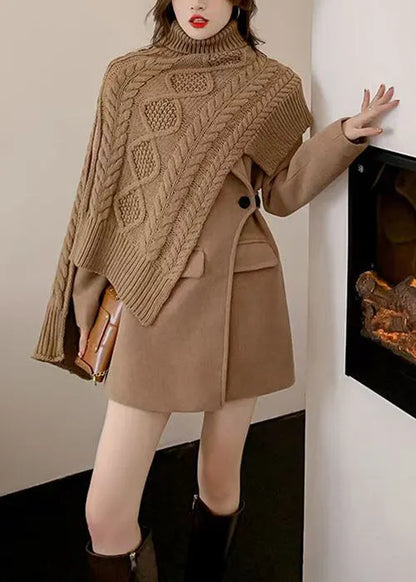 Loose Khaki Asymmetrical Knit Cape Tops and Coat Woolen Two-piece Set Spring