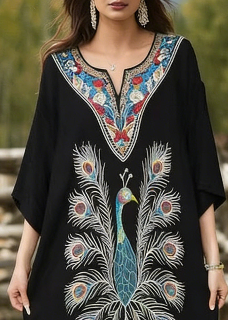 Black Oversized Peacock Print Cotton Long Dress Summer