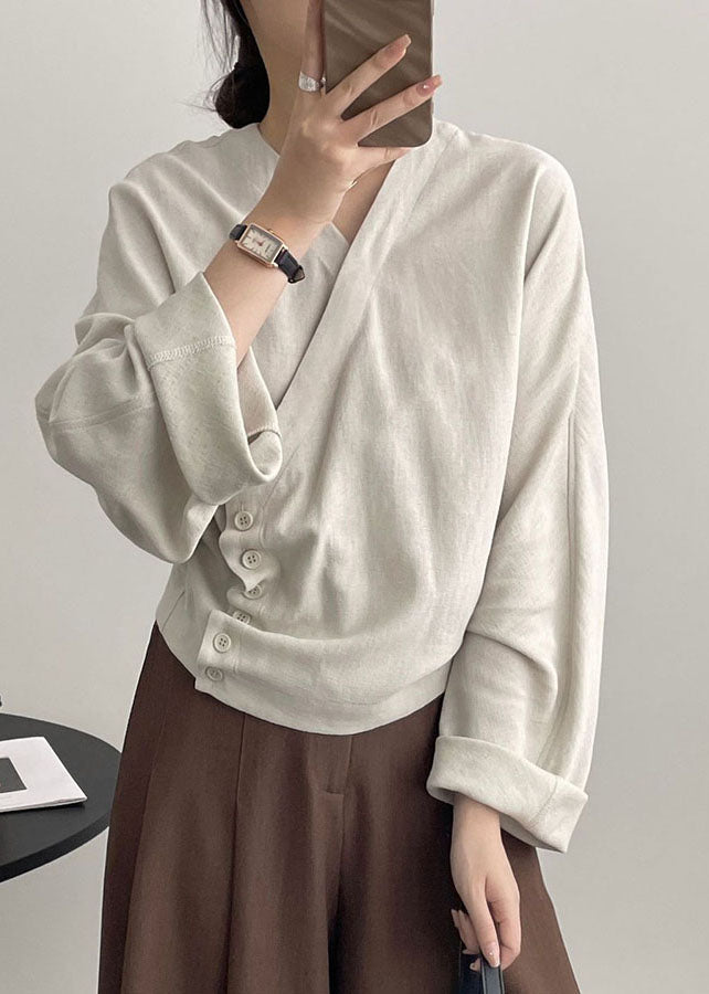 Apricot V Neck Asymmetrical Cozy Cotton Top Long Sleeve Spring