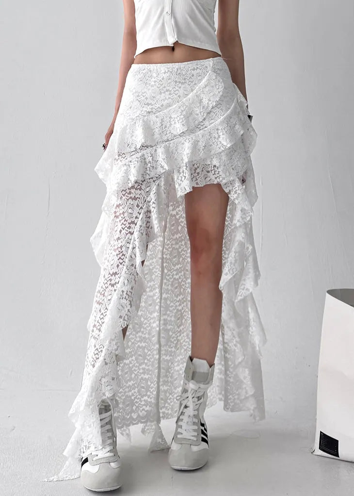 White Ruffled Lace Summer Skirt Asymmetrical