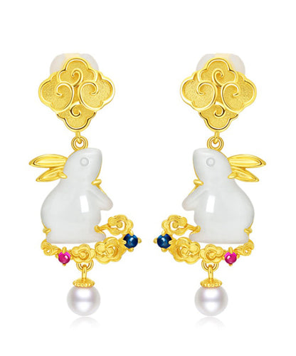 Stylish Yellow Sterling Silver Overgild Jade Pearl Xiangyun the Jade Hare Drop Earrings