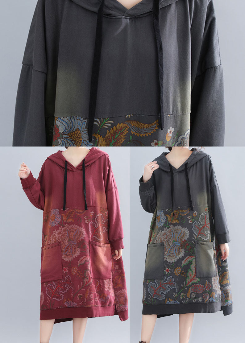 Classy Red Print Patchwork Sweatshirts Dresses Spring