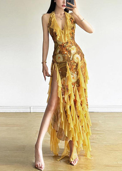 Yellow Ruffled Print Front Open Tulle Dress Sleeveless