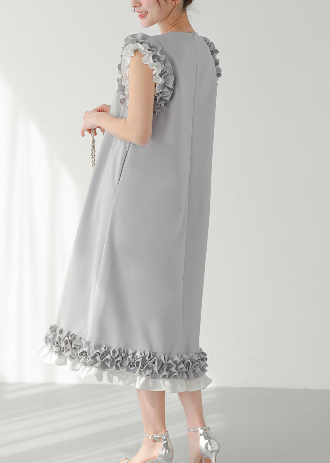 Grey Ruffled Patchwork Pearl Decorated Straight Dress Sleeveless
