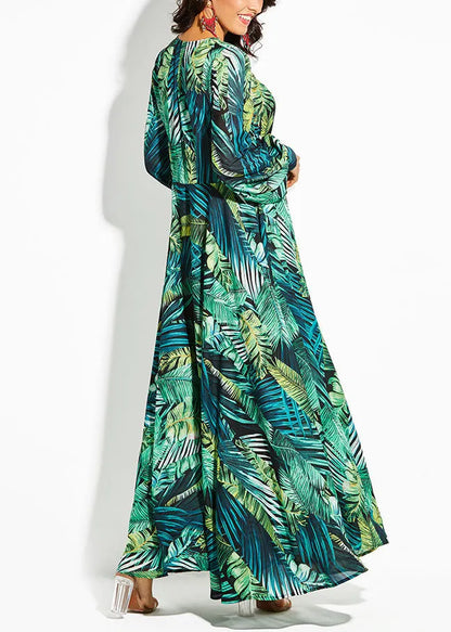 Green V Neck Print Lace Up Cotton Maxi Dresses Spring