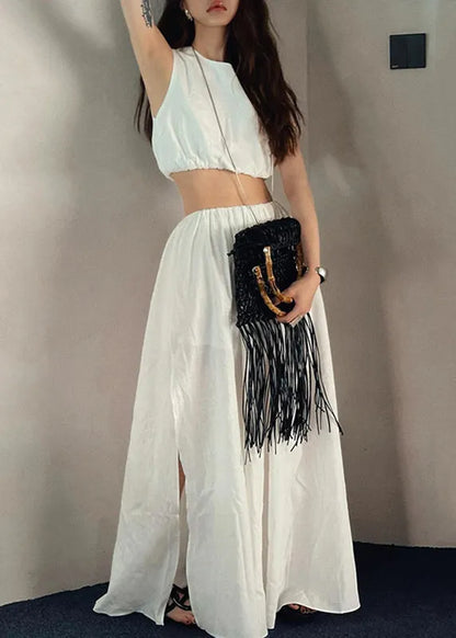 Brief White O-neck Vest and Side Open Maxi Skirts Two Piece Set Summer