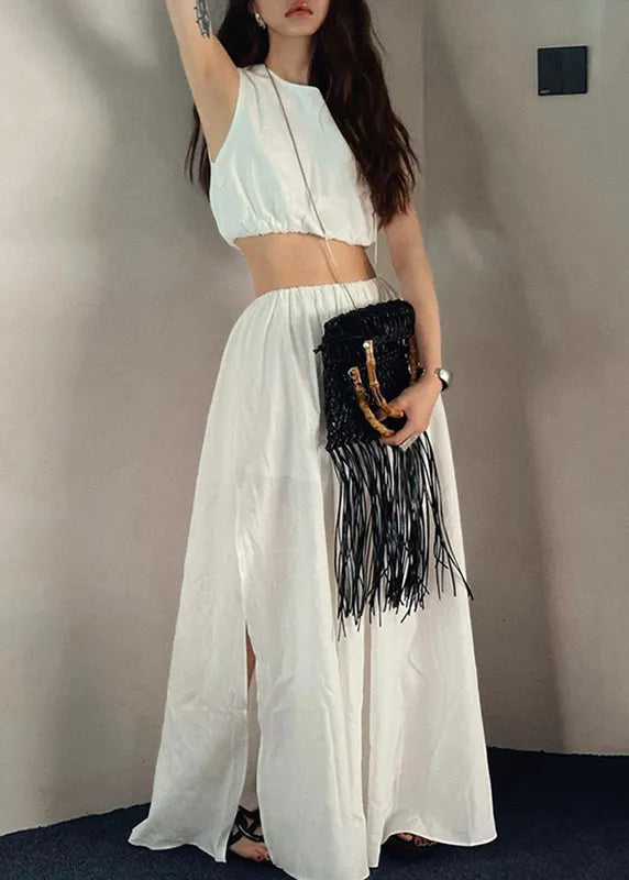 Brief White O-neck Vest and Side Open Maxi Skirts Two Piece Set Summer