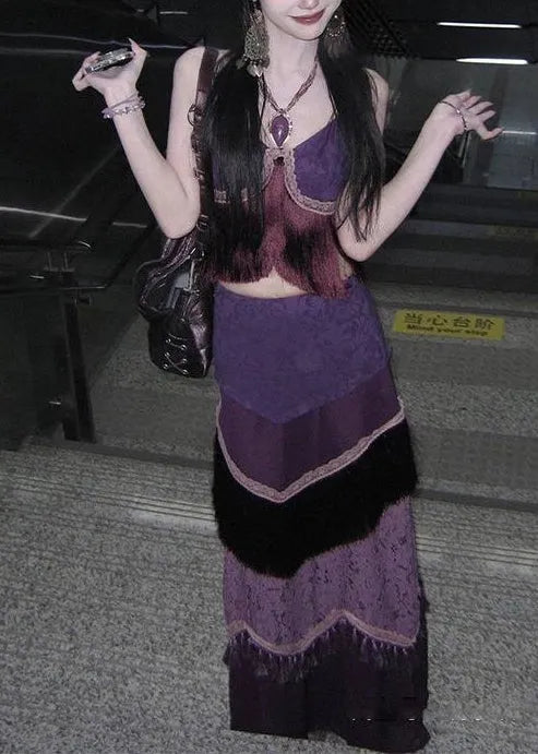 Style Purple Tasseled Patchwork Silk Two Piece Set Summer
