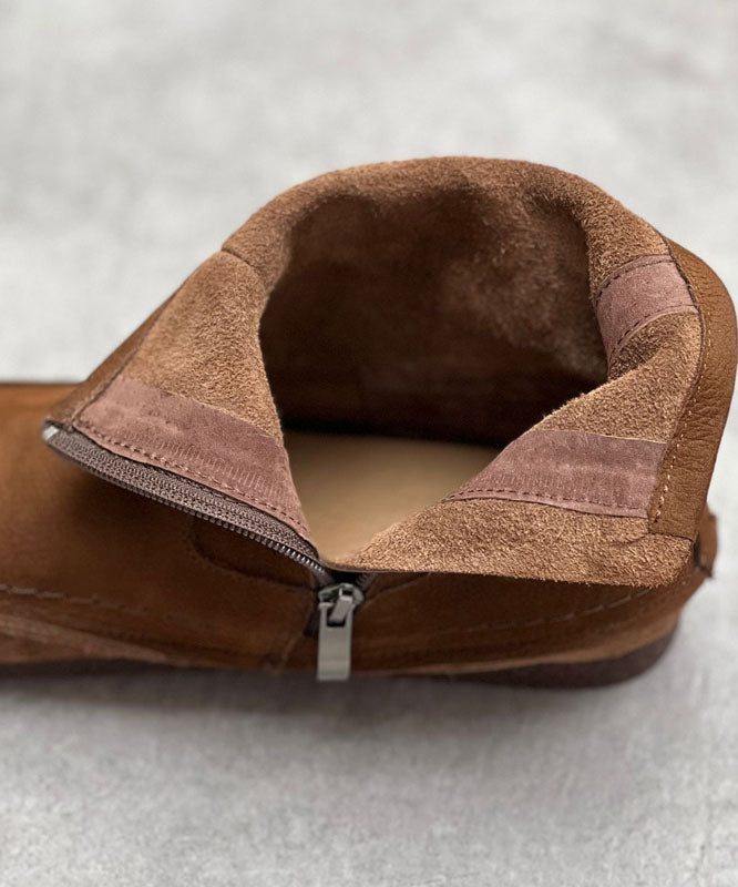 Chocolate Cowhide Leather Boots Zippered Ankle Boots
