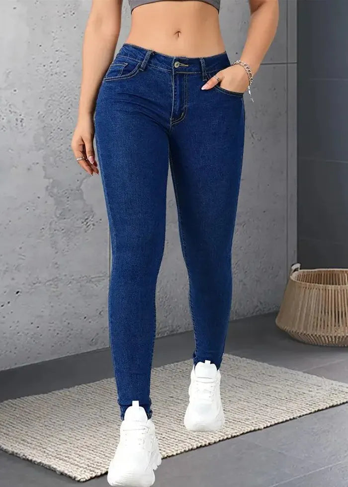 Dark Blue Pockets Button Patchwork Denim Pants