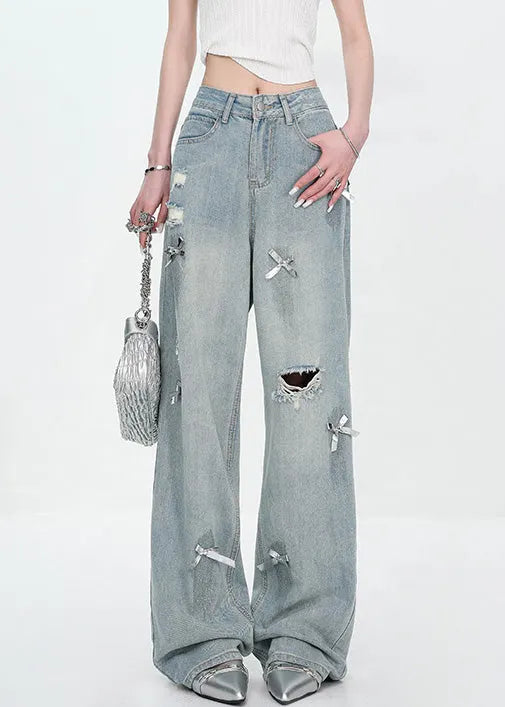 New Blue Bow Hole High Waist Denim Pants Fall