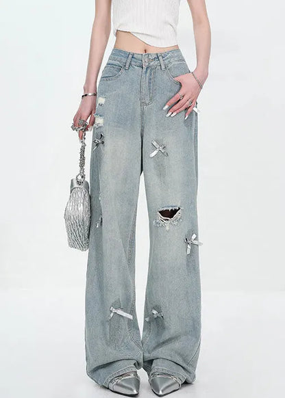 New Blue Bow Hole High Waist Denim Pants Fall