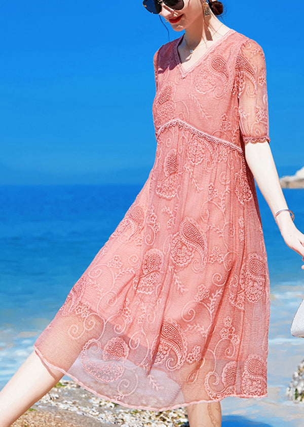 Pink V Neck Embroideried Wrinkled Silk Mid Dress Short Sleeve