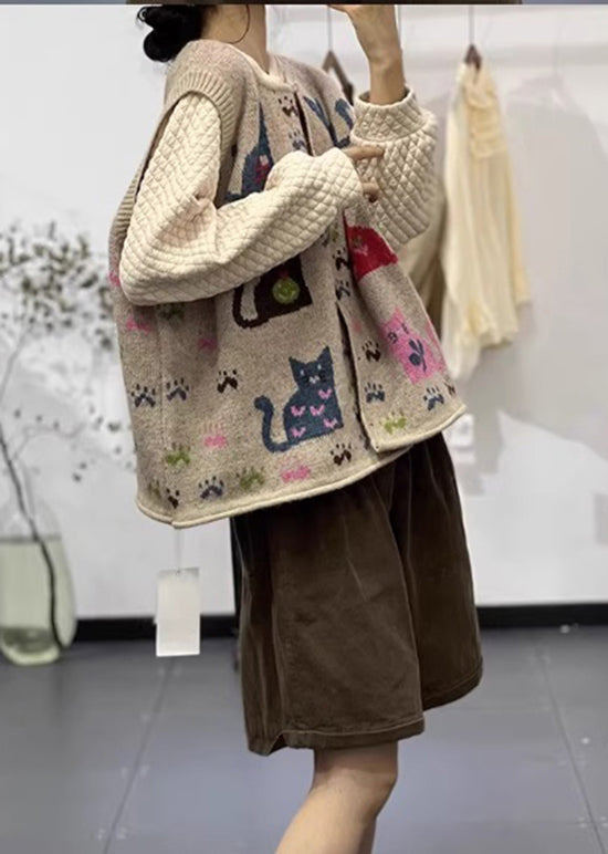 Loose Apricot O Neck Button Animal Print Knit Vest Sleeveless