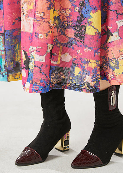 French Red Elastic Waist Print Cotton a Line Skirts Spring