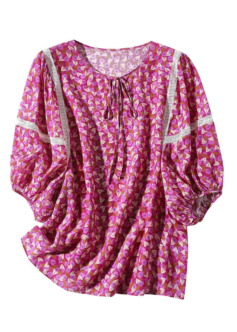 Rose O-neck Print Neck Tie Silk Tops Short Sleeve