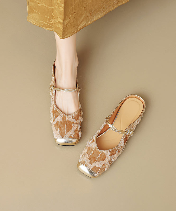 New Chinese Style Apricot Ruffled Print Cowhide Leather Slide Sandals