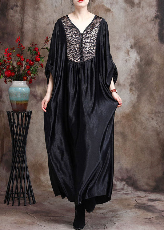 Black Asymmetrical Print Silk Ankle Dress Spring