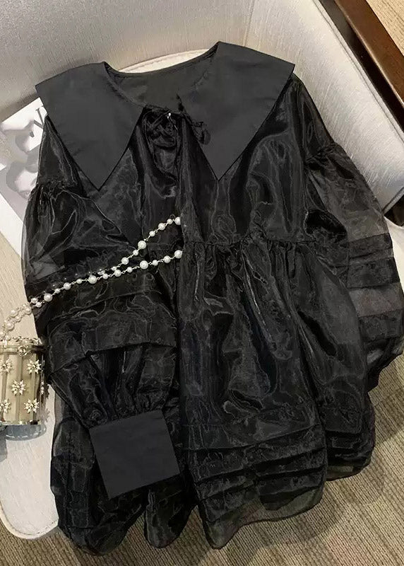 French Black V Neck Patchwork Tulle Mid Dresses Long Sleeve Fall