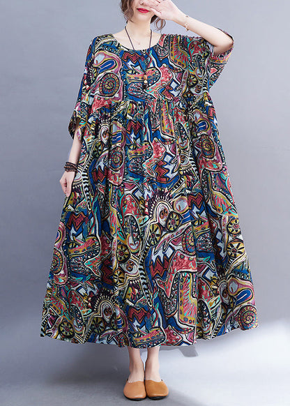 Natural Yellow O-neck Print Wrinkled Long Dress Spring