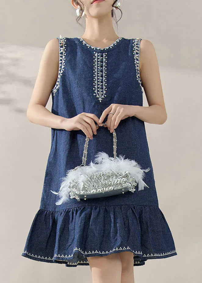 Blue Print Patchwork Denim Mid Dresses Sleeveless