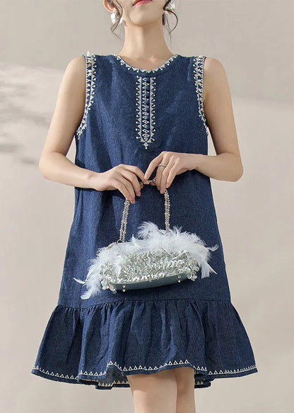 Blue Print Patchwork Denim Mid Dresses Sleeveless
