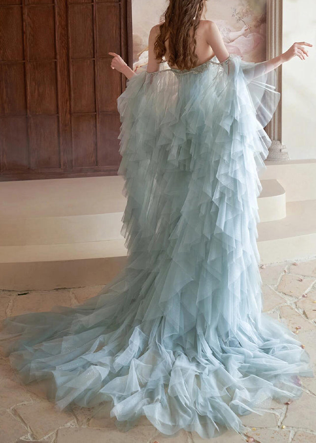 Handmade Blue Zircon Feather Cape and Dress Tulle Two Pieces Set
