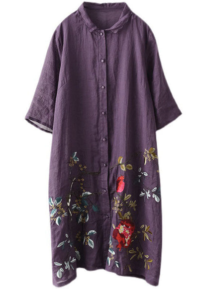 Purple Button Embroideried Fall Shirt Half Sleeve