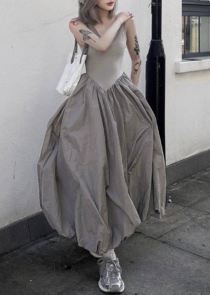 New Grey Backless Patchwork Cotton Long Dresses Sleeveless Summer