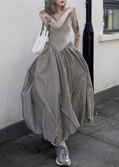 New Grey Backless Patchwork Cotton Long Dresses Sleeveless Summer