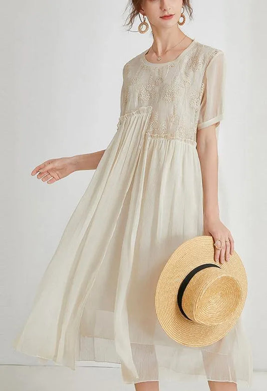 Beige Print Chiffon Asymmetrical Design Summer Maxi Dresses