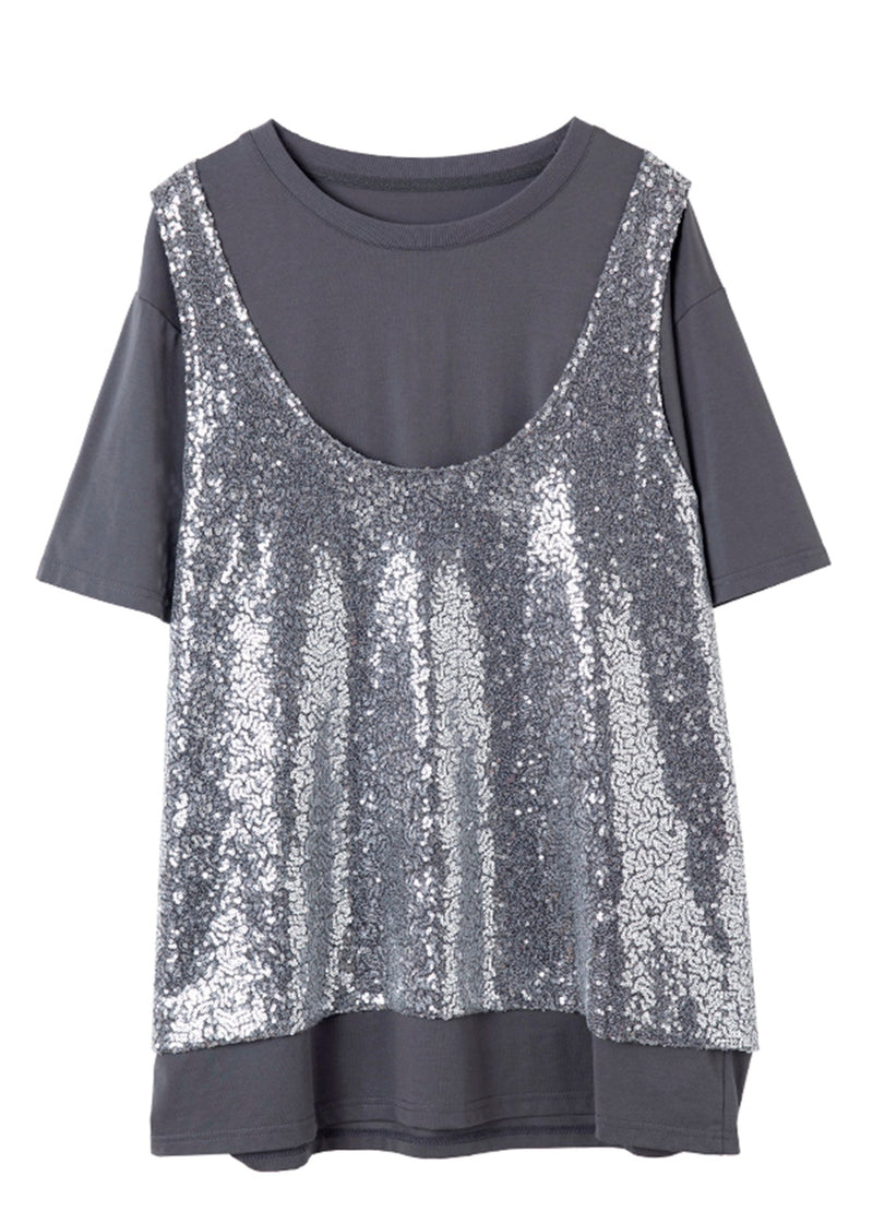 Boutique Grey O-neck Sequins Patchwork Fake Two Pieces Silk T Shirt Short Sleeve