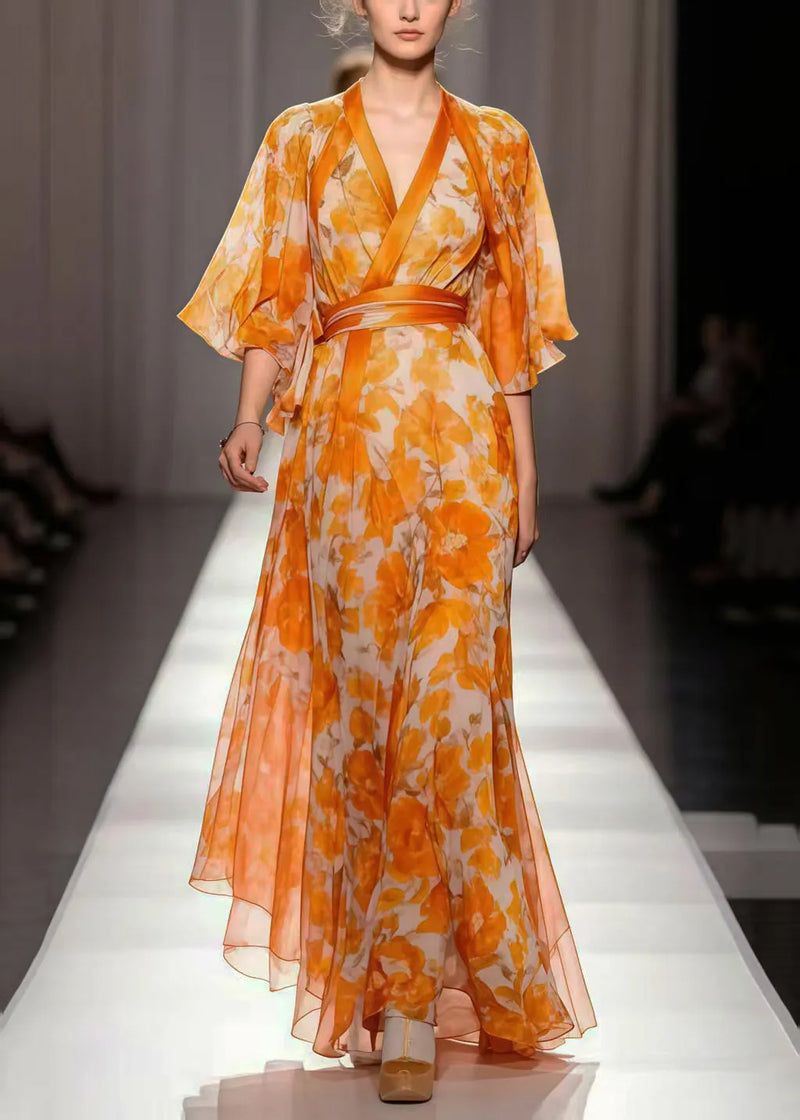 Orange Cinched Print Chiffon Vacation Dresses Summer