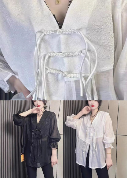 Simple Black V Neck Chiffon Shirts Fall