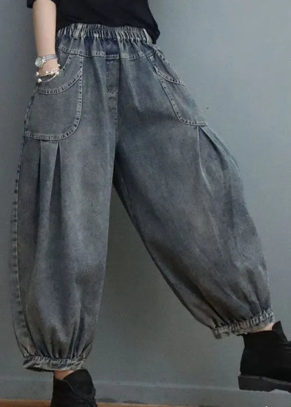 Blue Elastic Waist Pockets Denim Pants Spring