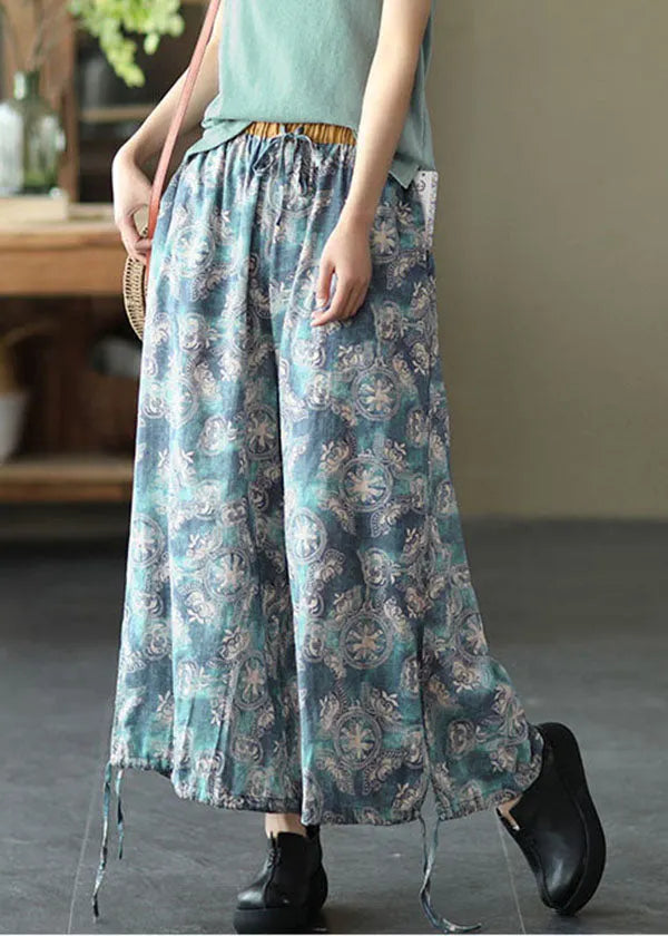Blue Elastic Waist Pockets Linen Beam Pants Summer