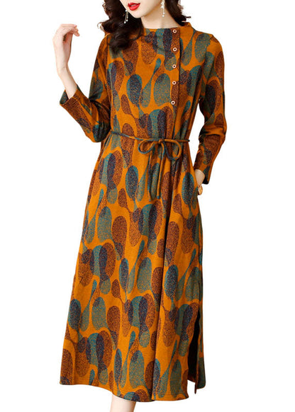 Orange Print Tie Waist Long Dresses Long Sleeve
