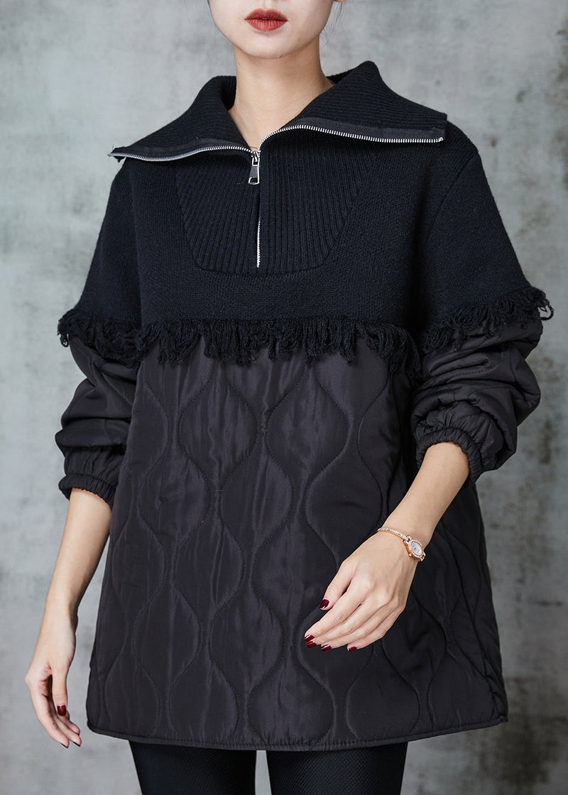 Black Tasseled Patchwork Fine Cotton Filled Sweatshirts Tracksuits Winter