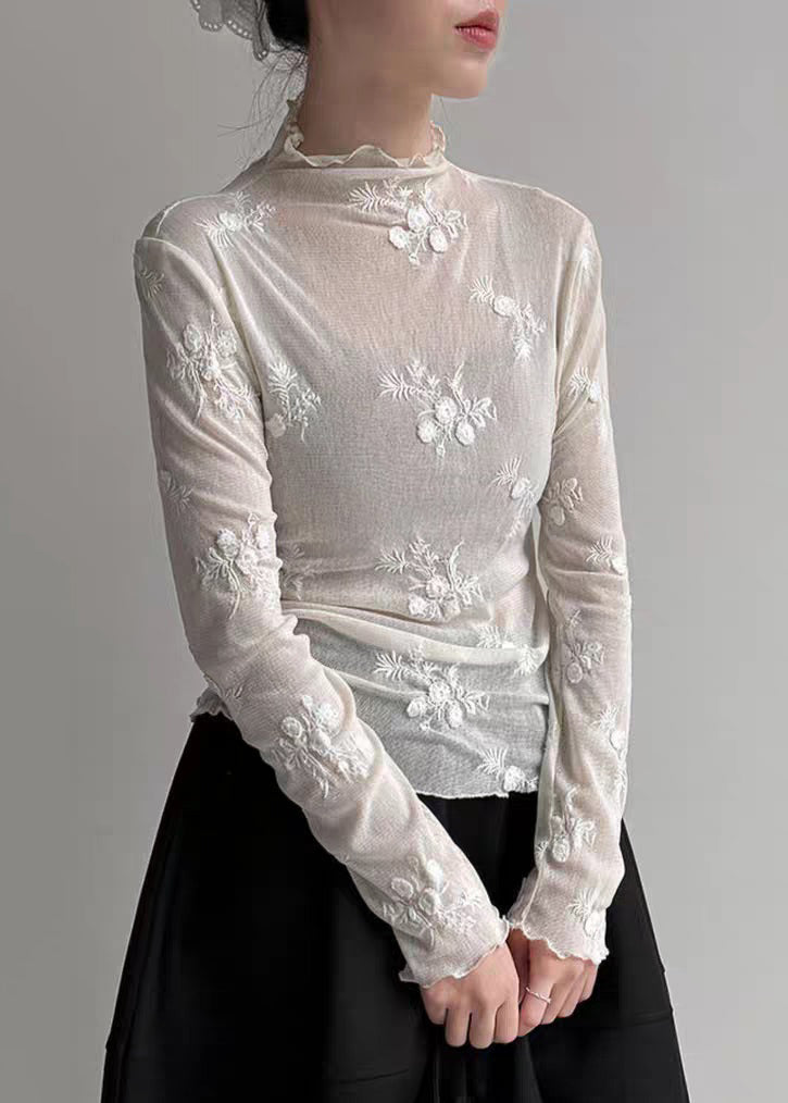 Light Grey Embroidered Tulle T Shirt Spring