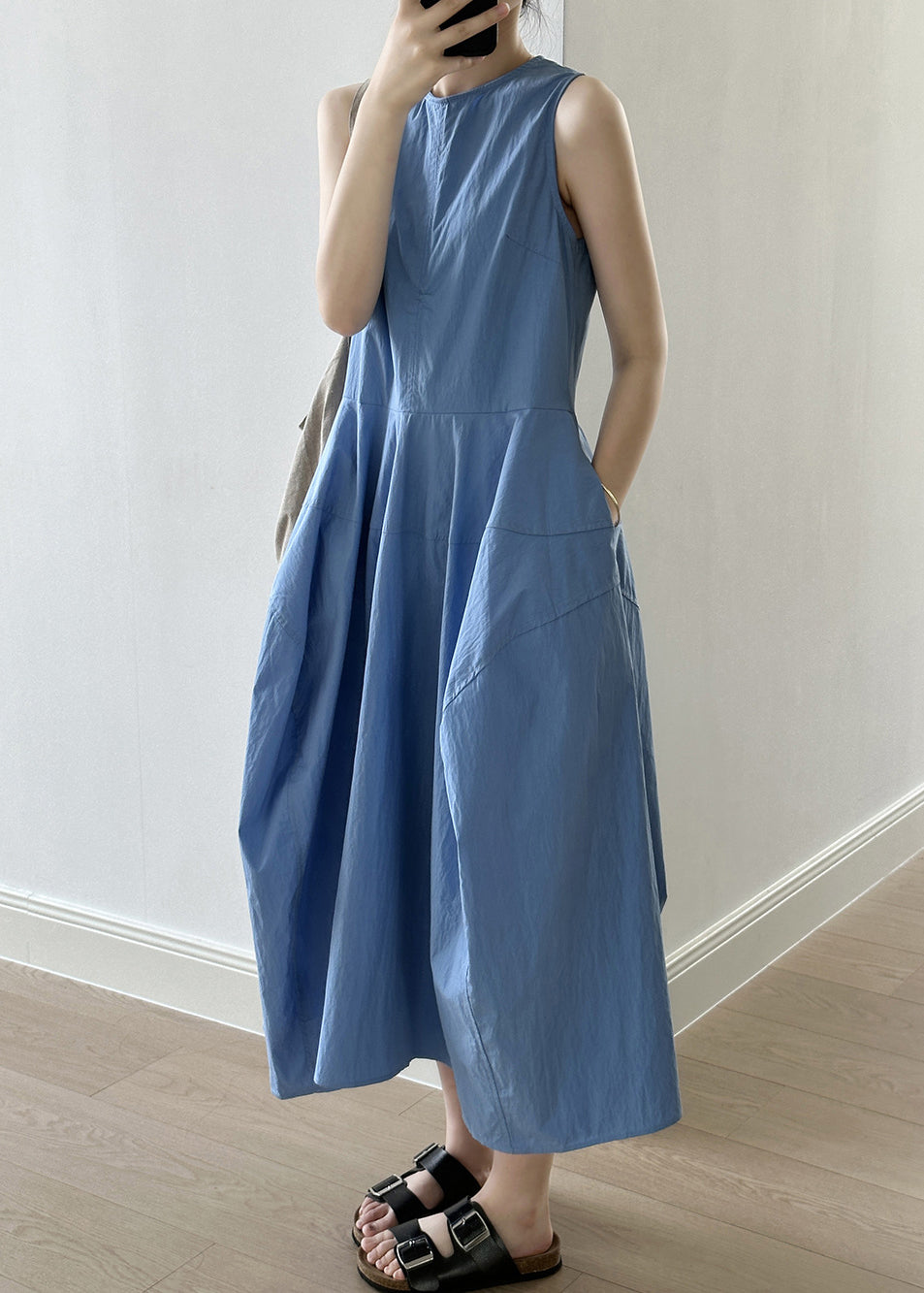 New Blue O-neck Pockets Cotton Long Dresses Sleeveless Summer