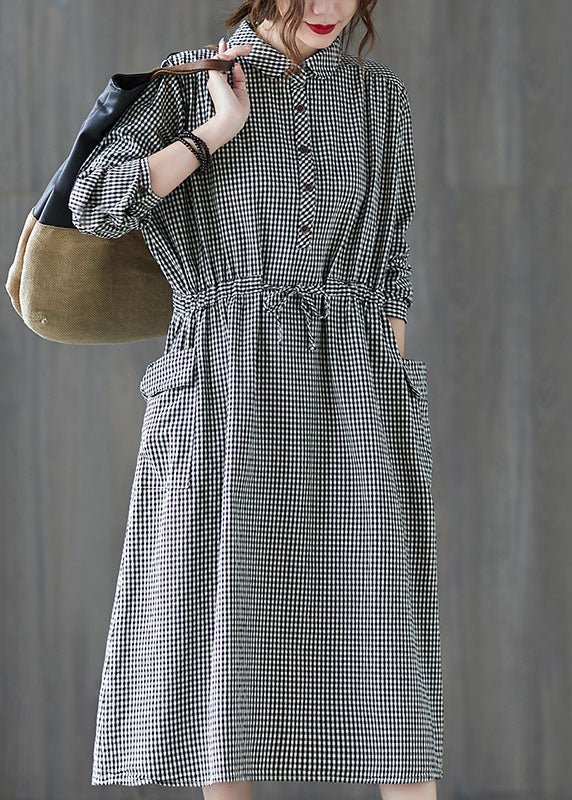 Simple Plaid Button Pockets Tie Waist Fall Party Dress Long Sleeve