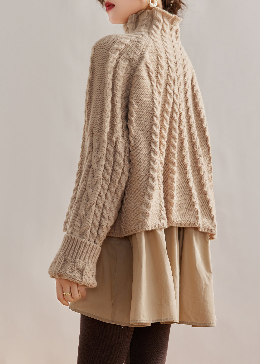 Style Beige Hign Neck False Two Pieces Knit Sweaters Winter